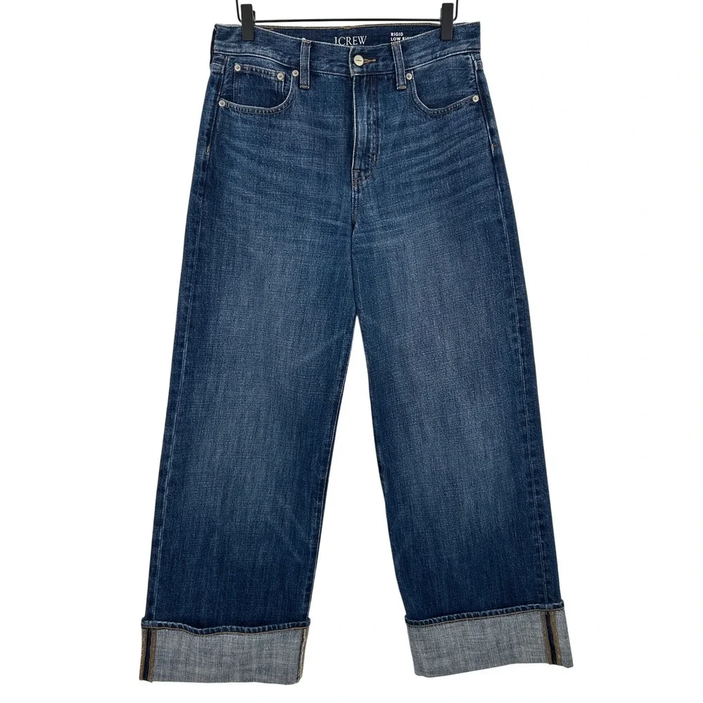 J.Crew Rigid Low Rise Wide Leg‎ Jeans Blue Denim Size 28 Cuff Pockets